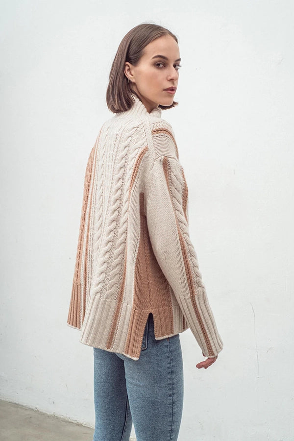 Cashmere Blend Cable Detail Funnel Neck Almond