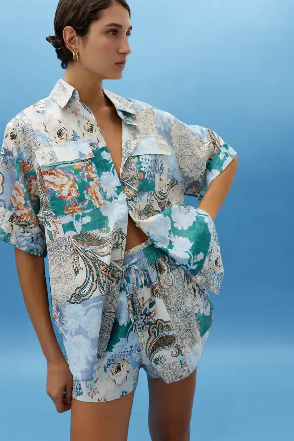 Juniper Shirt - Cyan Patchwork