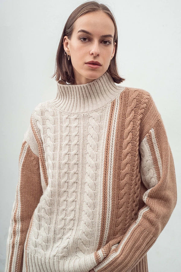 Cashmere Blend Cable Detail Funnel Neck Almond