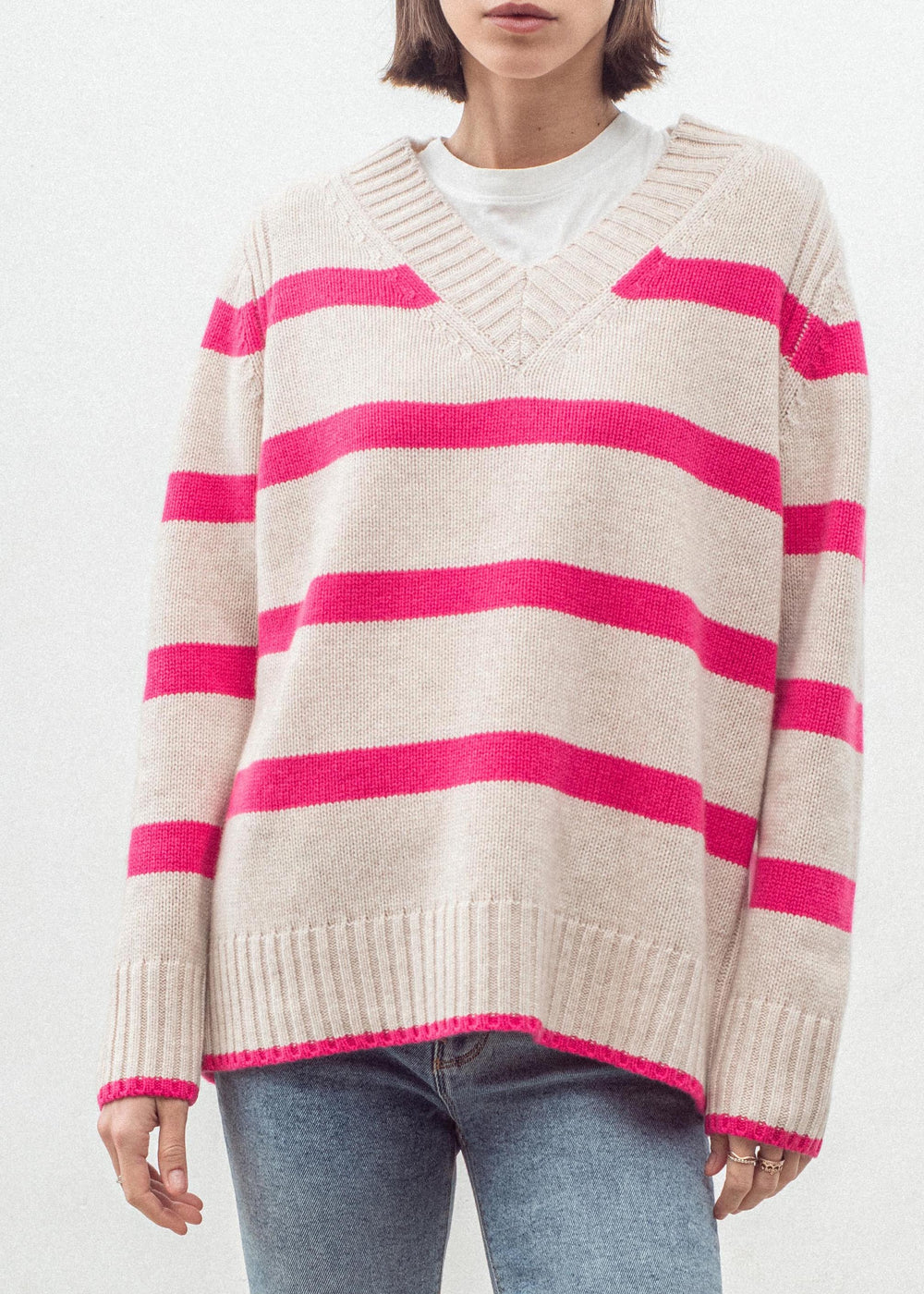 Cashmere Blend Multi Stripe V Neck - Pink Flash