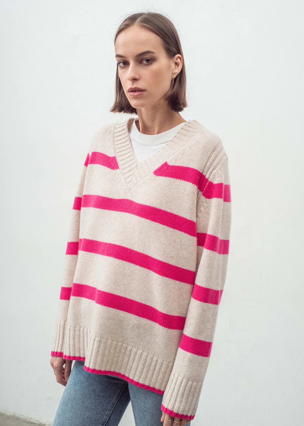 Cashmere Blend Multi Stripe V Neck - Pink Flash