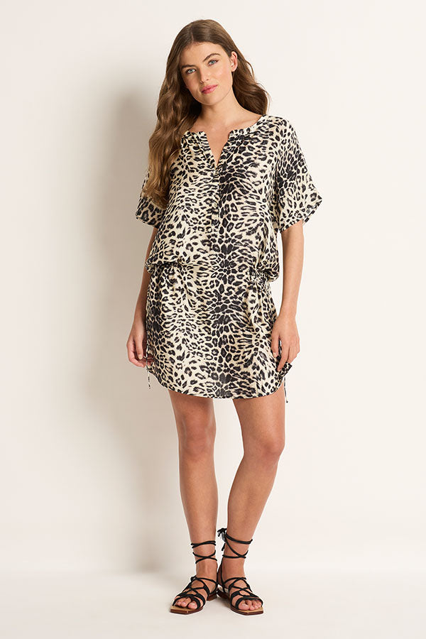 Snow Leopard Short Sleeve Shirt Dress